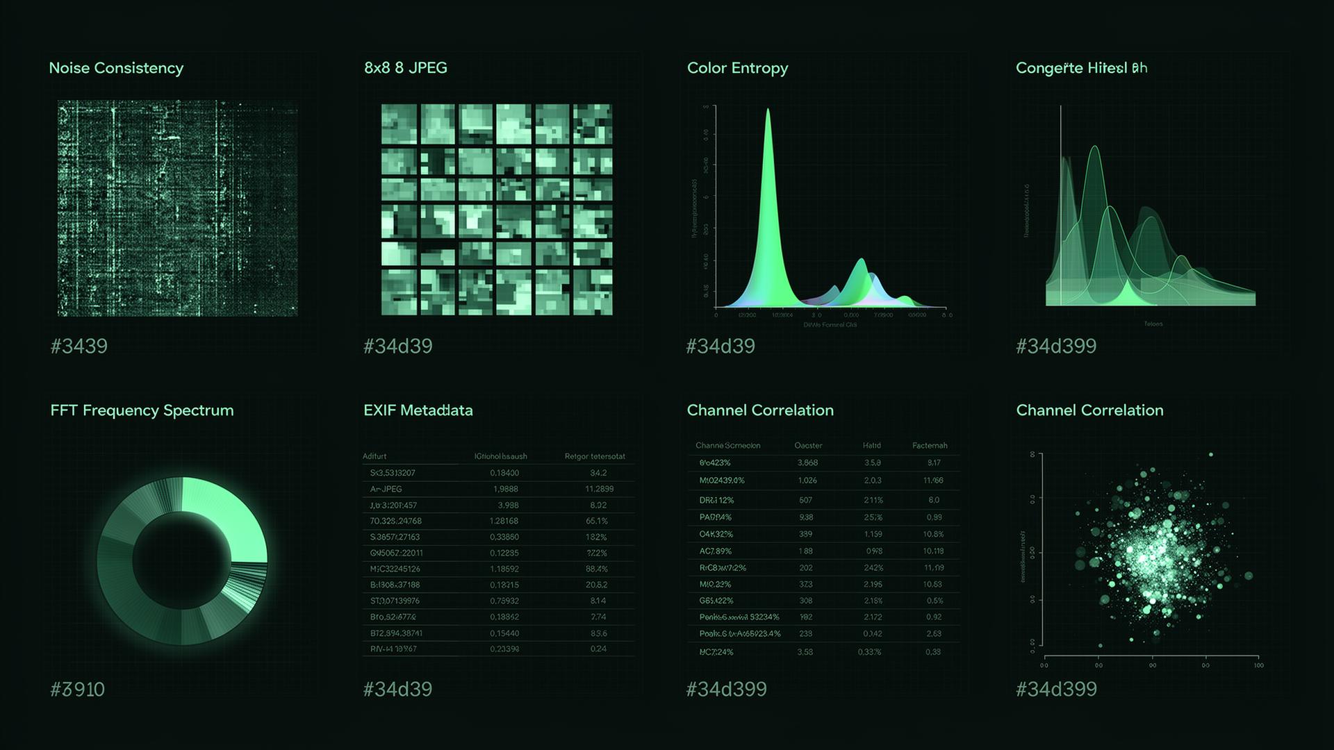 Eight-panel forensic dashboard showing noise map, JPEG grid, FFT spectrum, EXIF metadata and channel correlation