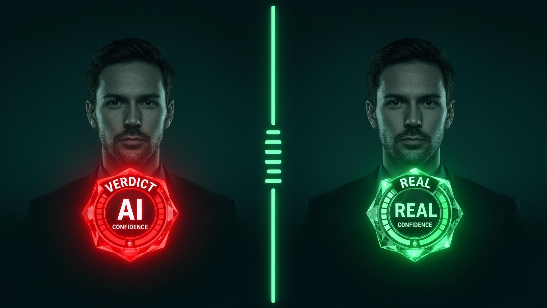 Side-by-side AI vs real verdict with confidence badges