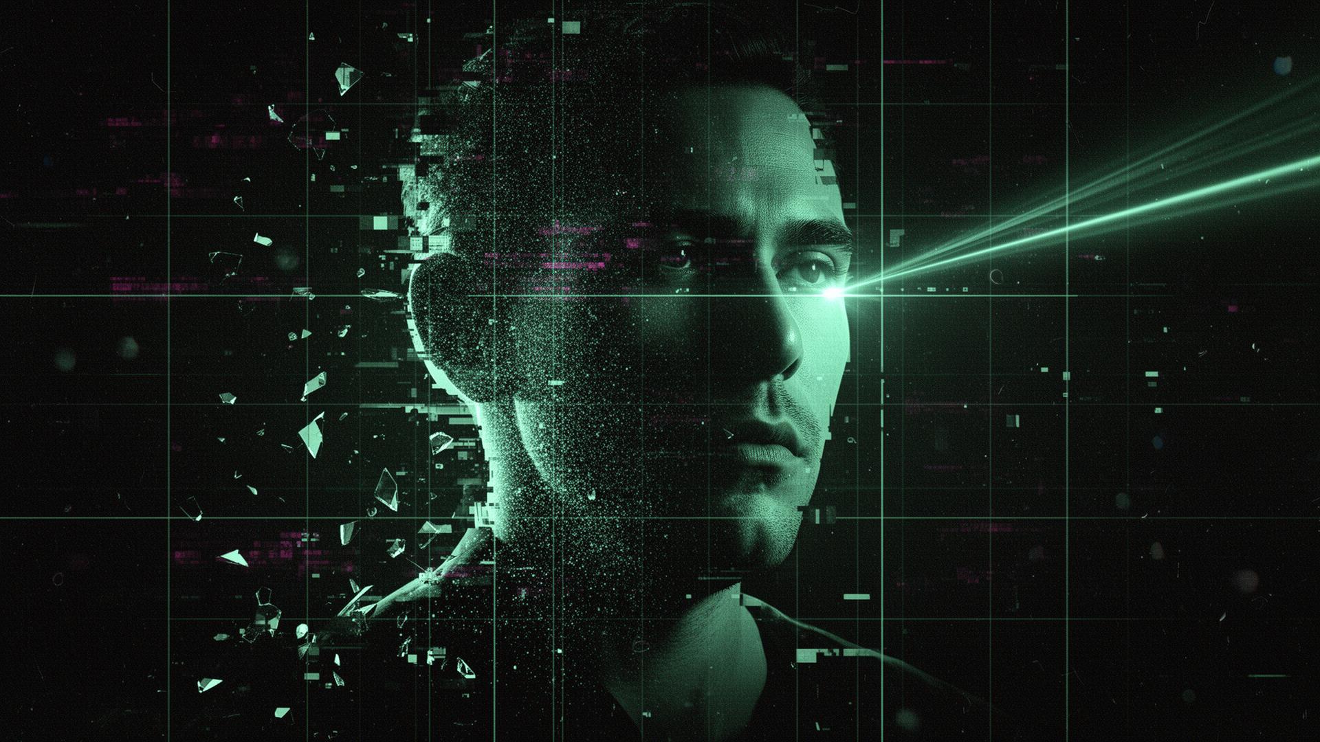 Make AI undetectable — fractured digital portrait dissolving into authentic film grain