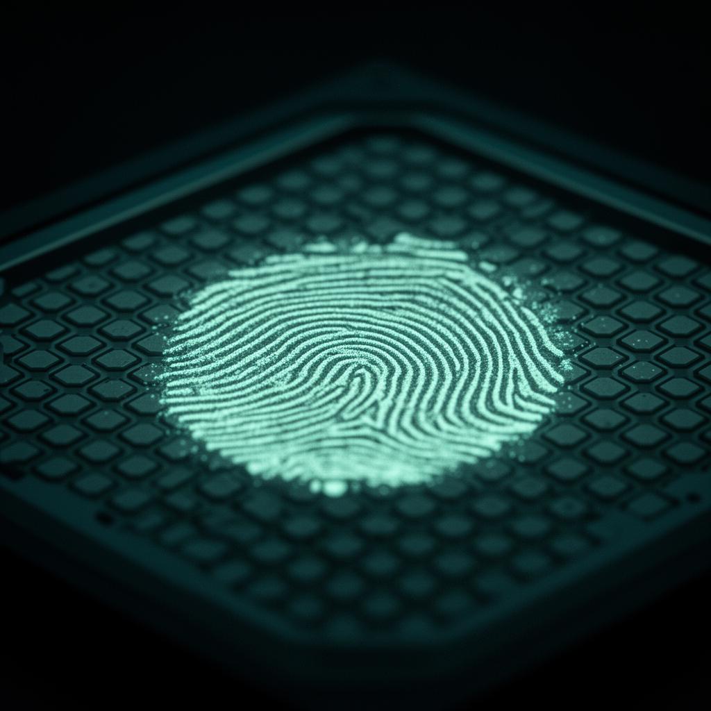 Macro view of a CMOS sensor with a glowing PRNU fingerprint pattern
