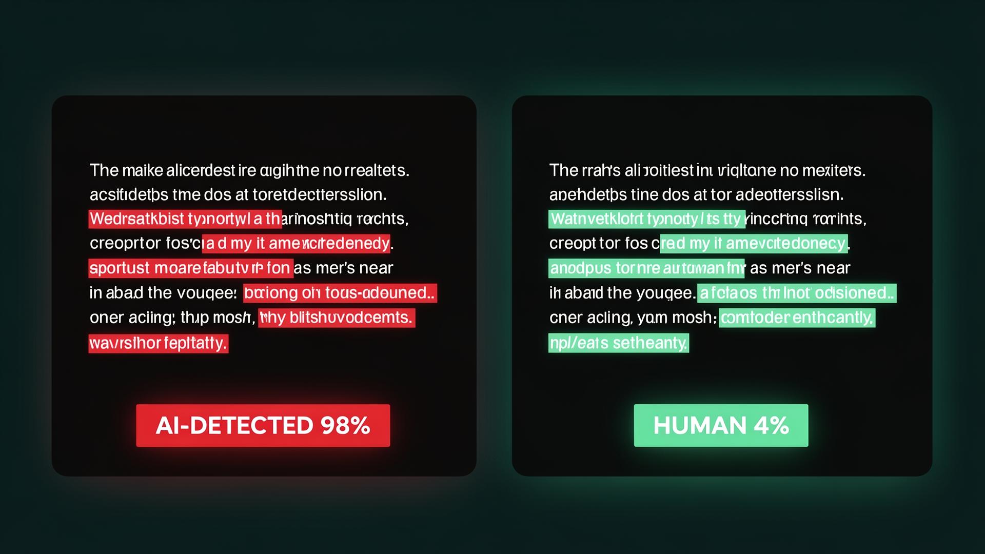 Side-by-side: paragraph flagged 98% AI by detector versus humanized version classified 4% AI