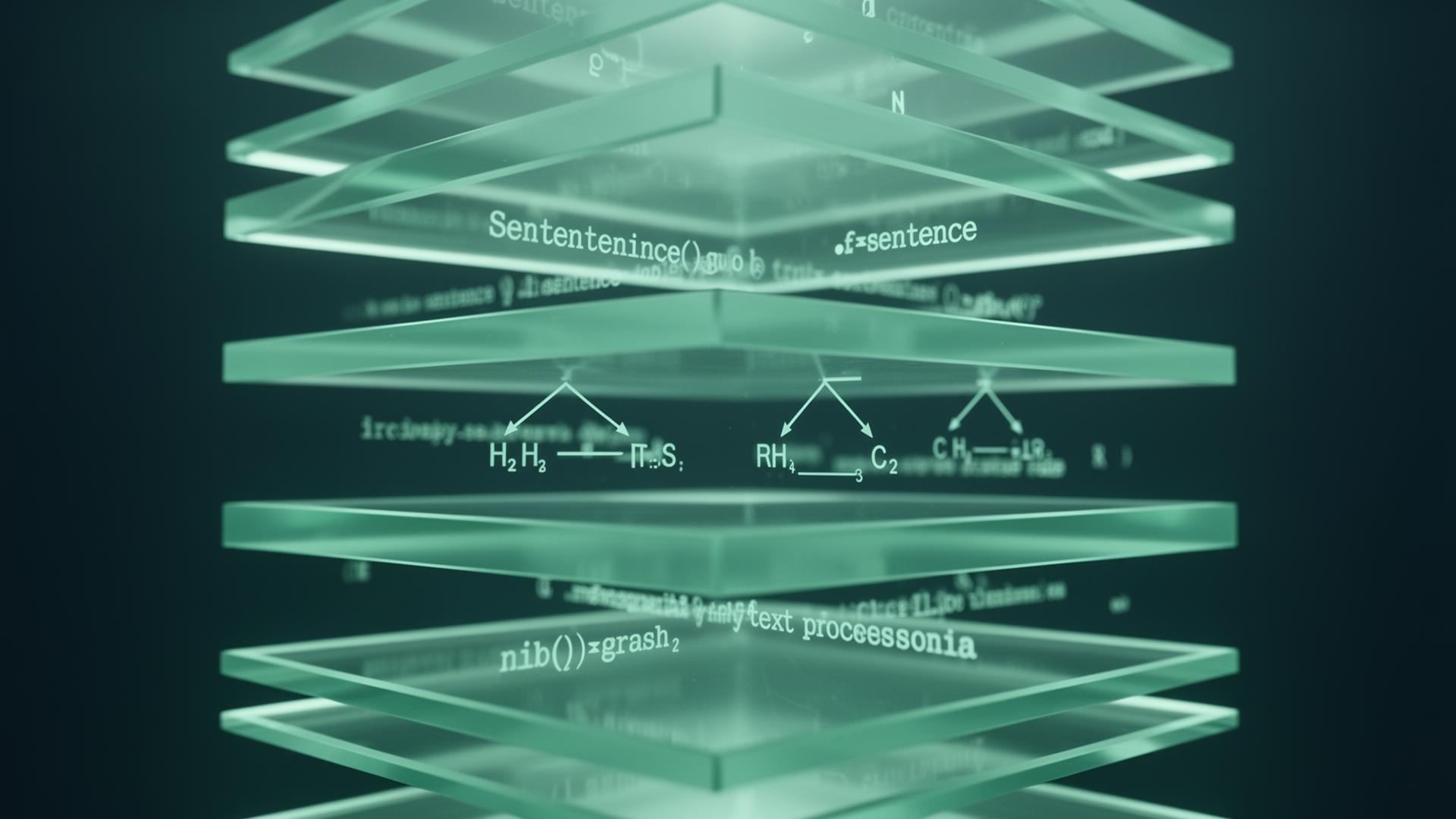 Stacked translucent glass layers visualizing the text humanization pipeline