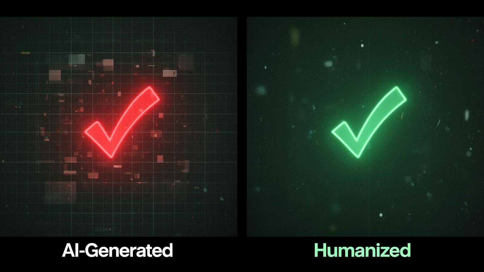 Side-by-side: AI-generated video frame flagged red versus humanized frame classified as authentic