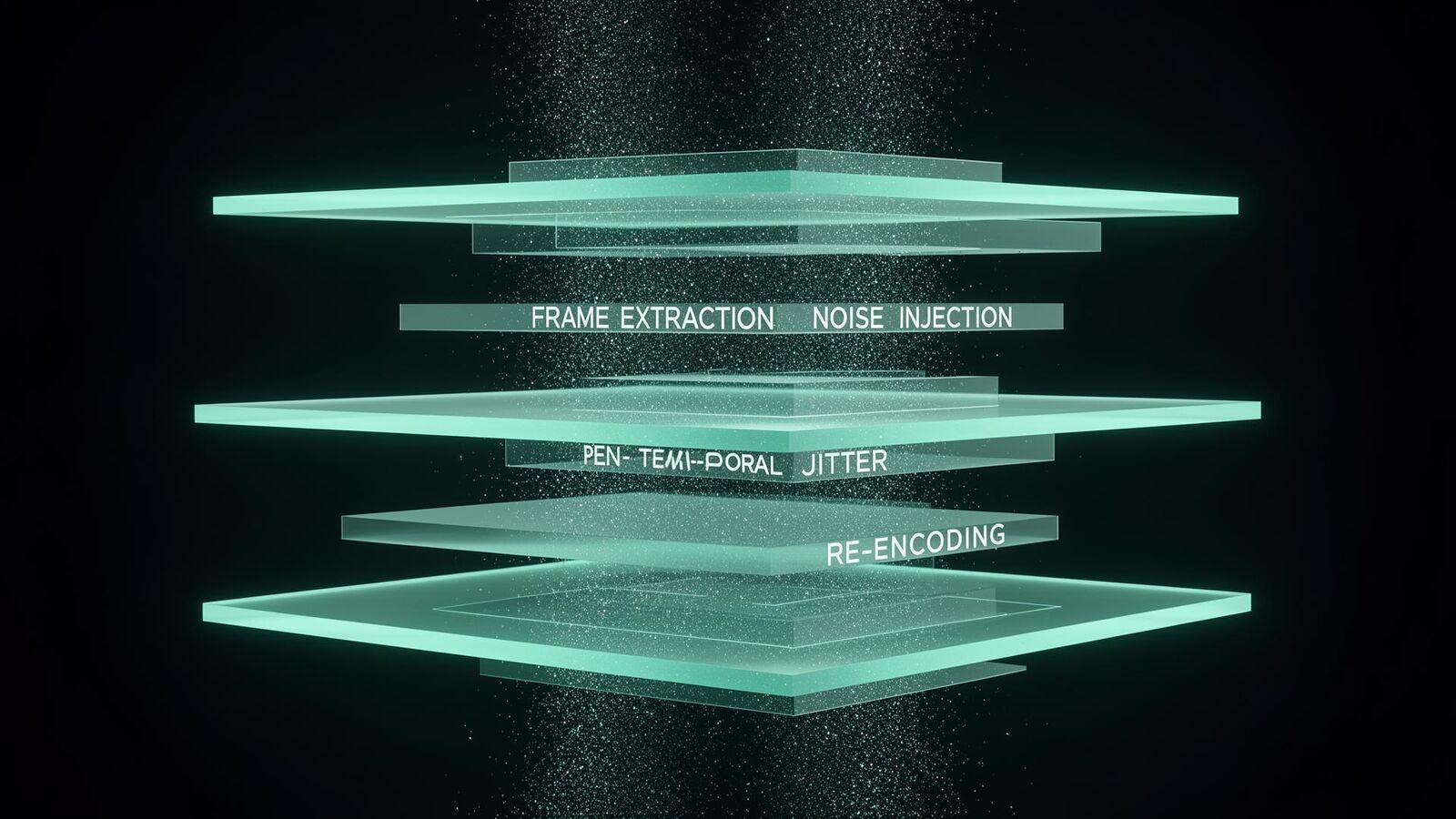 Stacked translucent layers visualizing the video processing pipeline